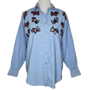 90s Vintage Scottie Dog Plaid Patchwork Embroidered Chambray Shirt Medium Blue